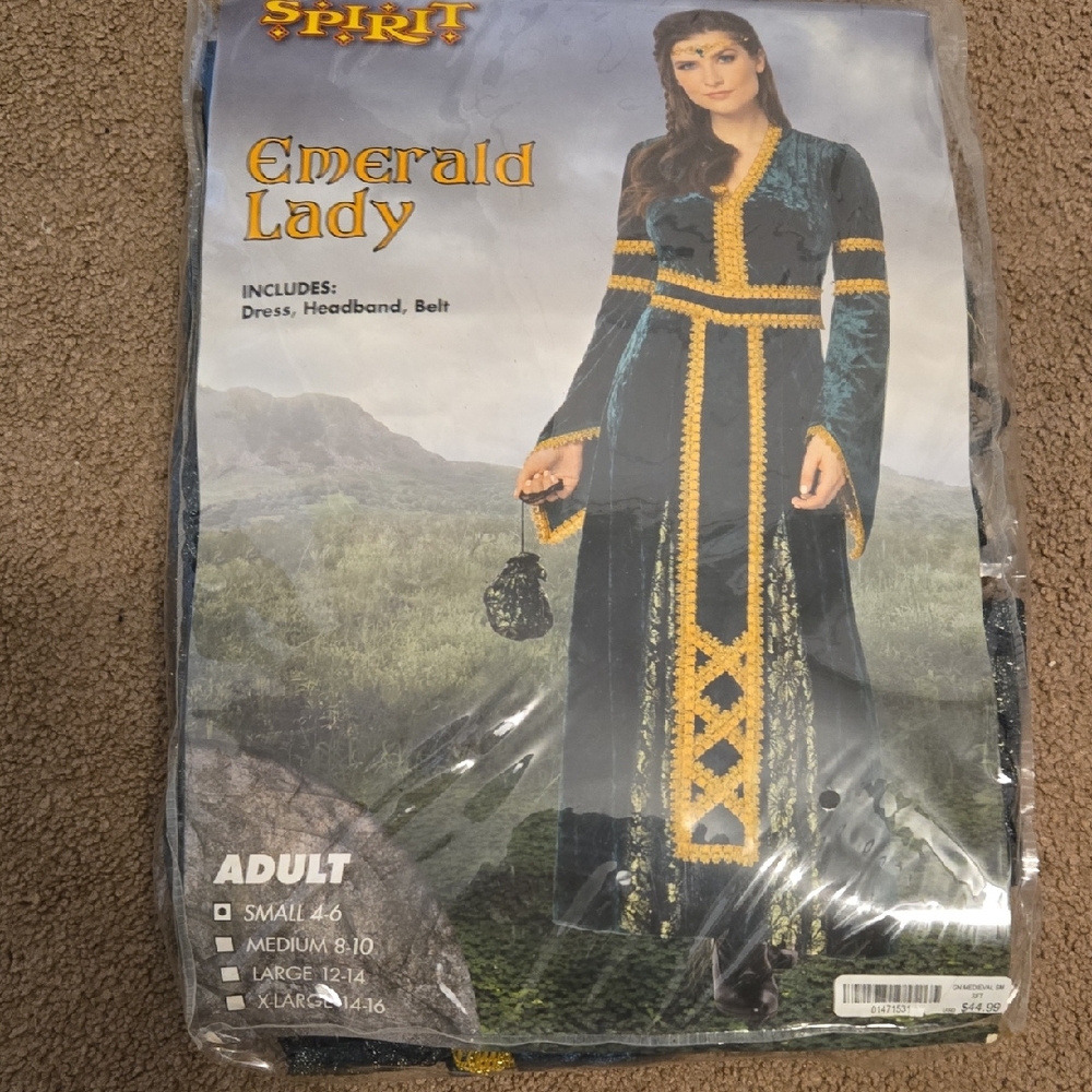 Spirit Halloween Emerald Lady Green And Gold Bell Sleeve V-Neck Dress